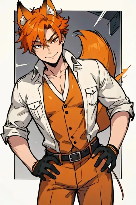 Perfect face. Perfect hands. An orange haired male cowboy with orange eyes and orange fox ears and an orange fox tail in a sheriffs outfit is working in a sheriffs office with a big smile