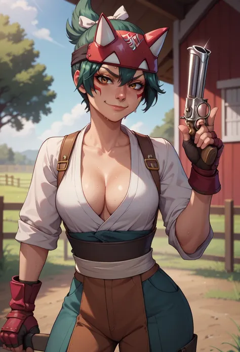 score_9, score_8_up, score_7_up, score_6_up, BREAK kiriko, wearing cowboy outfit, brown leather gloves, medium breasts, evil smirk,holding revolver, sweating,on a farm, looking at viewer, cleavage