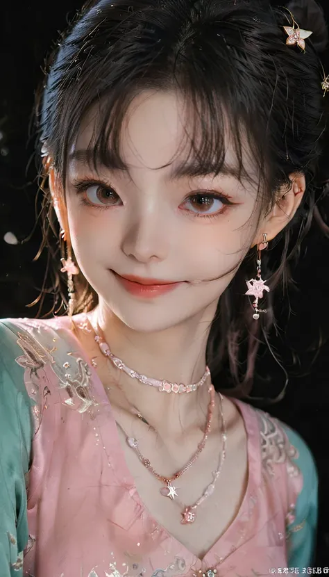 best quality, masterpiece, high resolution, 1 Girl,blush,(Charming smile:0.8),Star-shaped pupil,china hanfu,Hair accessories,necklace, Jewelry,Pretty Face,Above_Body, Tyndall effect,Reality, Dark Studio, Edge lighting, Two-tone lighting,(High Detail Skin:1...