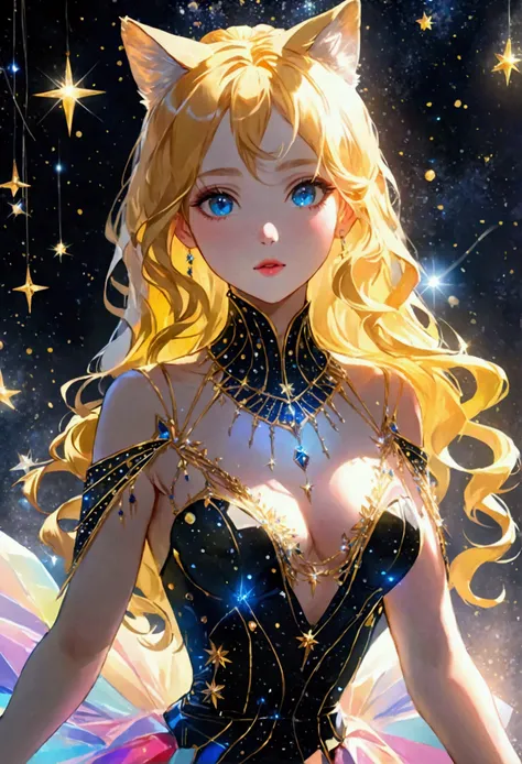 a glamour picture shot, of an elite model covered in stars, walking on a (dark catwalk: 1.2), an extraordinary glamourous elite female model, ((full body: 1.5)),  ((anatomically correct: 1.5), (ultra detailed face: 1.2), best detailed face, yrllow hair, lo...