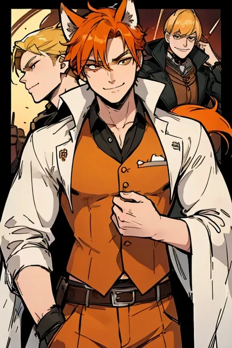 Perfect face. Perfect hands. An orange haired male cowboy with orange eyes and orange fox ears and an orange fox tail in a sheriffs outfit is riding a horse through a wild west town with a big smile