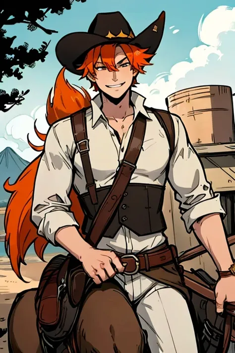 Perfect face. Perfect hands. An orange haired male cowboy with orange eyes and orange fox ears and an orange fox tail in a sheriffs outfit is riding a horse through a wild west town with a big smile