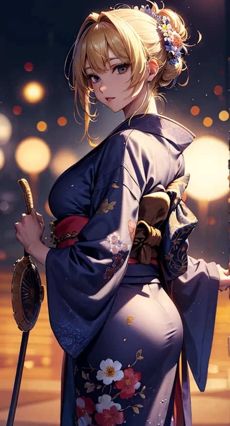 masterpiece, high quality, 4K, Beautiful design, silhouette，blonde， 非常に詳細な夜のStarry Sky,Flower Field， wonderful, Finer details,  Very knowledgeable woman, Highly detailed solo, 1 female,Big Breasts，Big Ass，Underwear Line，Yukata in white color，Night view，Sta...