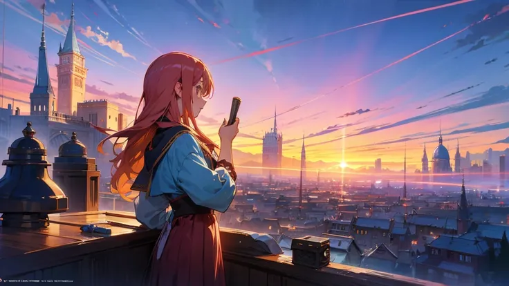 Anime Style,Nostalgic,Detailed background,Magical World,A lively bar with lots of people,Beautiful sky,Bard&#39;s Smiling Beauty Elf,guitar,Large Breasts,Healthy Thighs