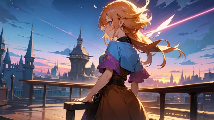 Anime Style,Nostalgic,Detailed background,Magical World,A lively bar with lots of people,Beautiful sky,Bard&#39;s Smiling Beauty Elf,guitar,Large Breasts,Healthy Thighs