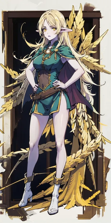 masterpiece, best quality, high quality, Erwin, elf, long hair, pale hair, yellow eyes, purple skin, deep blue cape with golden ornaments (1solofemale full body standing straight symmetrical, hands on hips)