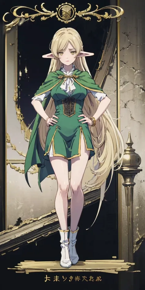 masterpiece, best quality, high quality, Erwin, elf, long hair, pale hair, yellow eyes, purple skin, deep blue cape with golden ornaments (1solofemale full body standing straight symmetrical, hands on hips)