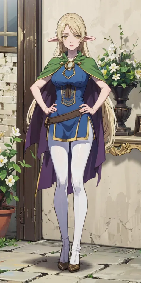 masterpiece, best quality, high quality, Erwin, elf, long hair, pale hair, yellow eyes, purple skin, deep blue cape with golden ornaments (1solofemale full body standing straight symmetrical, hands on hips)