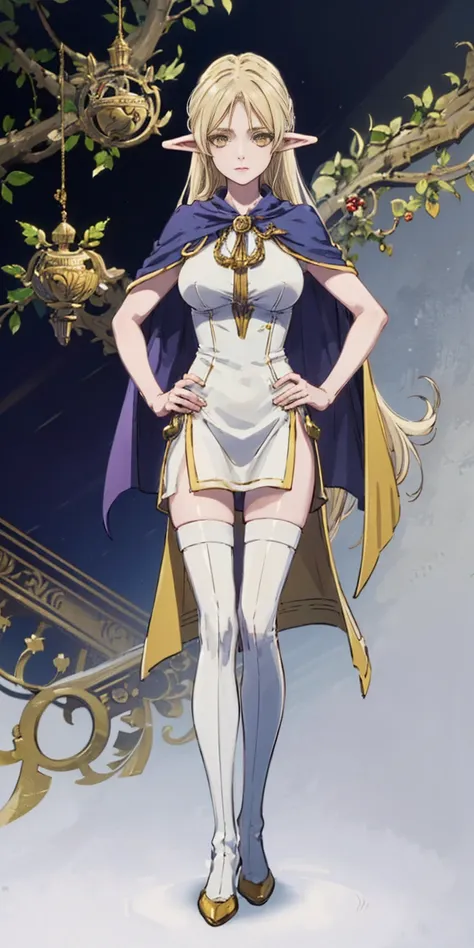 masterpiece, best quality, high quality, Erwin, elf, long hair, pale hair, yellow eyes, purple skin, deep blue cape with golden ornaments (1solofemale full body standing straight symmetrical, hands on hips)