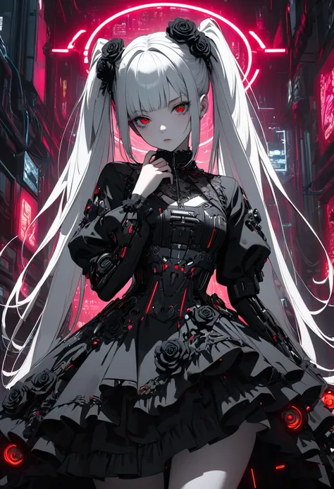 a beautiful girl with long red twin tails, red eyes, wearing a gorgeous black and white gothic lolita dress in a cyberpunk style, with many visible mechanisms and red neon lights shining from the clothes, against a pure white background with many black ros...