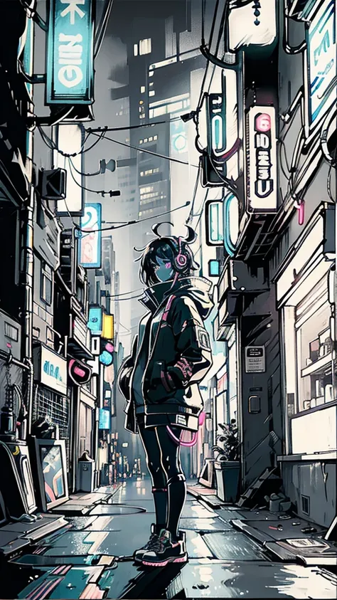 Girl wearing headphones at night, Cyberpunk City, neon lights,neon, fog, sketch, Stylized, artistic