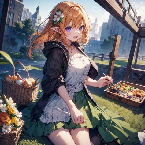 (Remember,food:1.3),(picnic:1.3),basket, Elf Ears, Highest quality,Best image quality,Perfect Anatomy,masterpiece,Very detailedな,beautiful,super high quality, Highest quality,High resolution, Very detailed,Game CG,Dutch Angle ,beautiful細部までこだわった目,Visual Ar...