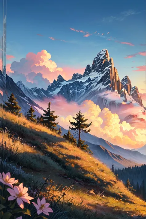 A breathtaking landscape of towering mountains, bathed in the golden light of the setting sun, casting long shadows across the rugged terrain. The peaks, sharp and majestic, reach towards the heavens, their snow-capped summits glistening in the fading ligh...