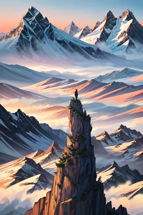 A breathtaking landscape of towering mountains, bathed in the golden light of the setting sun, casting long shadows across the rugged terrain. The peaks, sharp and majestic, reach towards the heavens, their snow-capped summits glistening in the fading ligh...