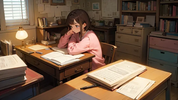 An animated scene of a young person studying diligently at a cluttered desk. The sleeping woman, with short brown hair and wearing a pink sweater, is writing in a notebook with intense focus, holding a pen in one hand and a piece of paper in their mouth. T...