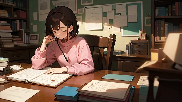 An animated scene of a young person studying diligently at a cluttered desk. The sleeping woman, with short brown hair and wearing a pink sweater, is writing in a notebook with intense focus, holding a pen in one hand and a piece of paper in their mouth. T...