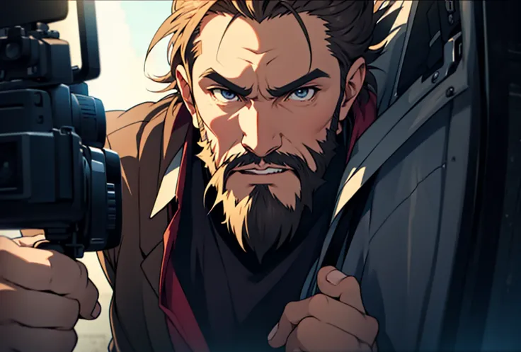  anime style ,beared man captures detail camera 