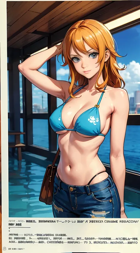 (masterpiece, Highest quality),Browsing Caution,Cartoon photo of a woman in a bikini top and jeans, Anime drawings inspired by Masamune Shirow, Pixiv, Self-sastructing art, Enchanting anime girl, Nami One Piece, Biomechanical , Nami from One Piece, Pixiv 3...