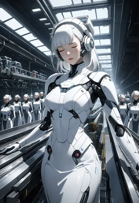 a detailed futuristic android woman in a white wedding dress on a conveyor belt production line, beautiful detailed face, eyes c...