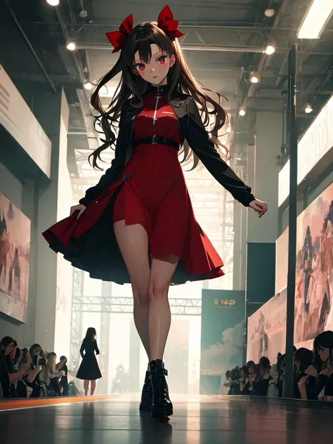 Runway,dress, Fashion Model, Tohsaka Rin, (masterpiece), highest quality, 1girl, uhd, retina, masterpiece, ccurate, anatomically correct, textured skin, super detail, high details, high quality, best quality, highres, 4K