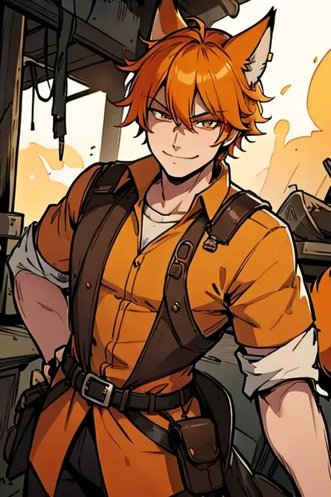 Perfect face. Perfect hands. An orange haired male cowboy with orange eyes and orange fox ears and an orange fox tail in a sheriffs outfit is smiling while exploring an mine