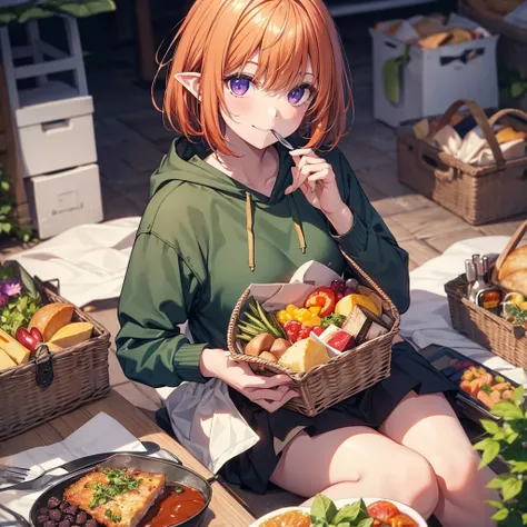 (Remember,Food on the table:1.3),(picnic:1.3),Basket on the table, Elf Ears, Highest quality,Best image quality,Perfect Anatomy,masterpiece,Very detailedな,beautiful,super high quality, Highest quality,High resolution, Very detailed,Game CG,Dutch Angle ,bea...