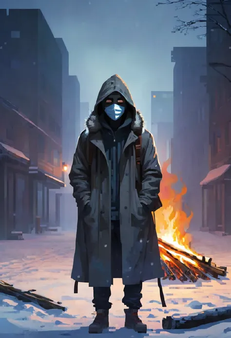 man, 21 years old, survivor, dressed in a long coat, Hood, mask, backpack, winter apocalypse, loneliness, gloom, Dead city, bonfire, night