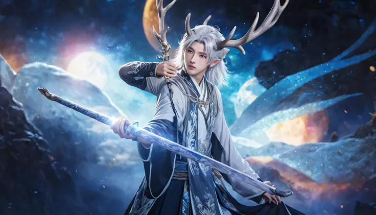 (absurdres, highres, ultra detailed, HDR), masterpiece, 1 boy, 22 years old, best quality, chinese style , long silver hair, deer horn above his head, handsome boy, anime eyes, detailed scebe, detailed character, realistic. 