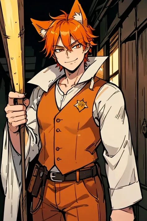 Perfect face. Perfect hands. An orange haired male cowboy with orange eyes and orange fox ears and an orange fox tail in a sheriffs outfit is smiling while exploring an outlaws hideout