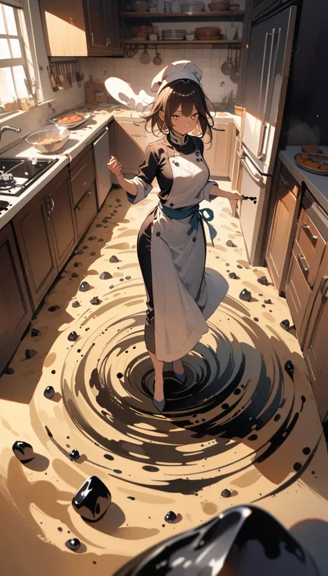 ((best quality)) , ((masterpiece)) , (detailed)，1 female，((surrounded by heavy floating sand flow and floating sharp stones)),((((ink)))),((illustration)),((watercolor))，(((((kitchen)))))，Female chef，High heel，((whole body))