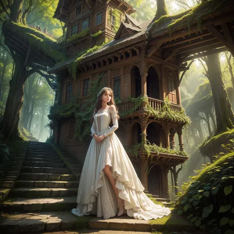 in a fairy tale world, with a cool, beautiful natural environment, a beautiful princess, wear closed long brokat dress, enchanting face, climbing the stairs of a tree house, the stairs are made from giant vines, very detailed, complex and perfect compositi...