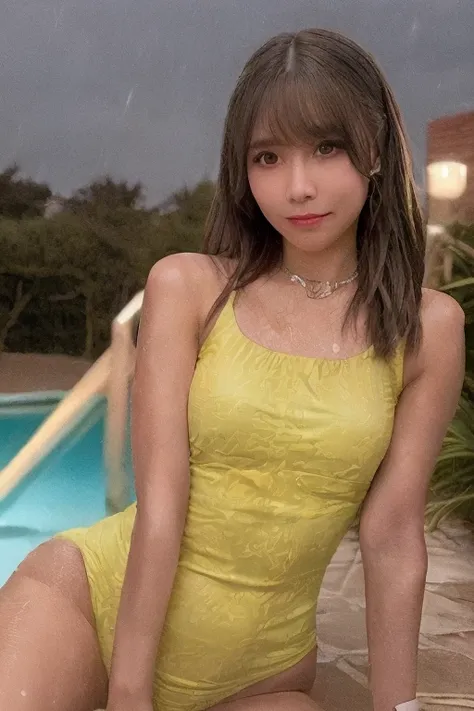 (Best Quality, 8k, Masterpiece: 1.3), Gorgeous Woman, 1 Girl, (Yellow One-Piece Swimsuit: 1.2) (Skinny, Healthy, Perfect Body: 1.2), abs: 1.1, Dark Brown Hair: 1.1, (Rain Wet, Wet Body: 1.2), (Night Pool Room: 1.6) Ultra-detailed face, detailed lips, detai...