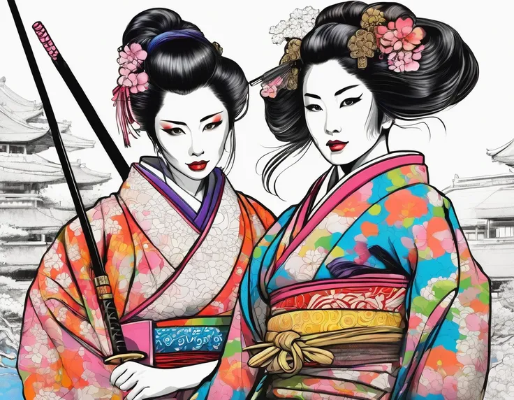 fine ink art, comic style, portrait of japan, Samurai and geisha, Japanese couple, Glamor of Osaka, beautiful line art, comic style, manga style, manga art style, pencil and ink caricature drawing, Coloring, , Other positions, fully body. Japan Fund, Samur...