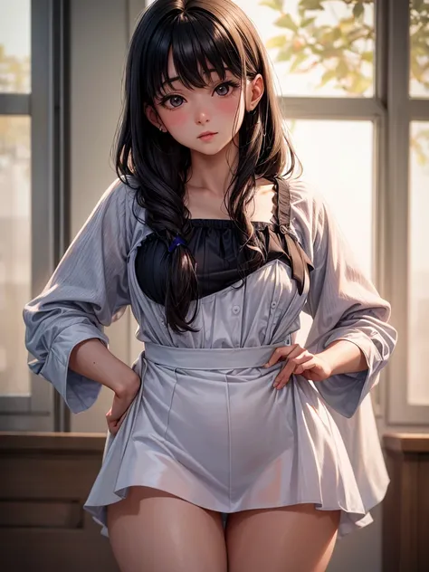 Close-up of woman teacher blouse mini dress, a hyperrealistic painting by Kentaro Miura, trends in the CG community, hyperrealism, hyperrealistic , a hyperrealistic , realistic , hyperrealistic full figure, a masterpiece of Huvaiz, Sakimichan Frank Franzze...