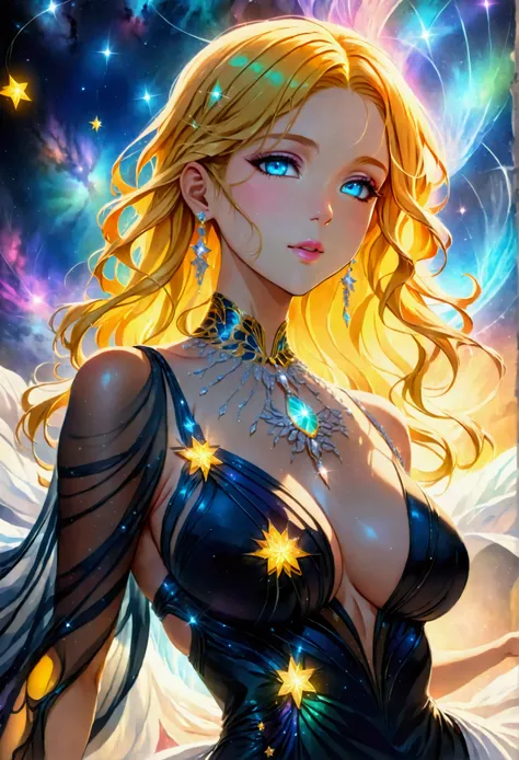 a glamour picture shot, of an elite model covered in stars, walking on a dark catwalk, an extraordinary glamourous elite female model, ((full body: 1.5)),  ((anatomically correct: 1.5), (ultra detailed face: 1.2), best detailed face, yrllow hair, long hair...