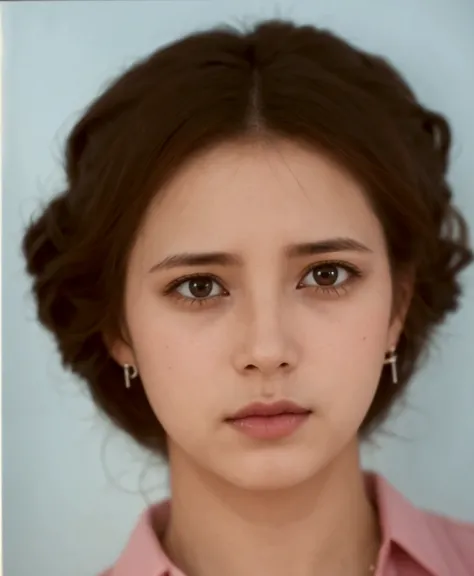 arafed photograph of a woman with a pink shirt and earrings, 