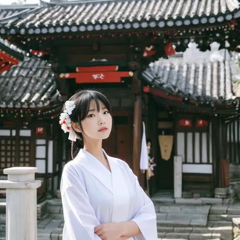 The background is white,Shrine maiden&#39;s kimono,The colors are red and white,Japanese Girl,whole body,Golden necklace,Barefoot,Naked