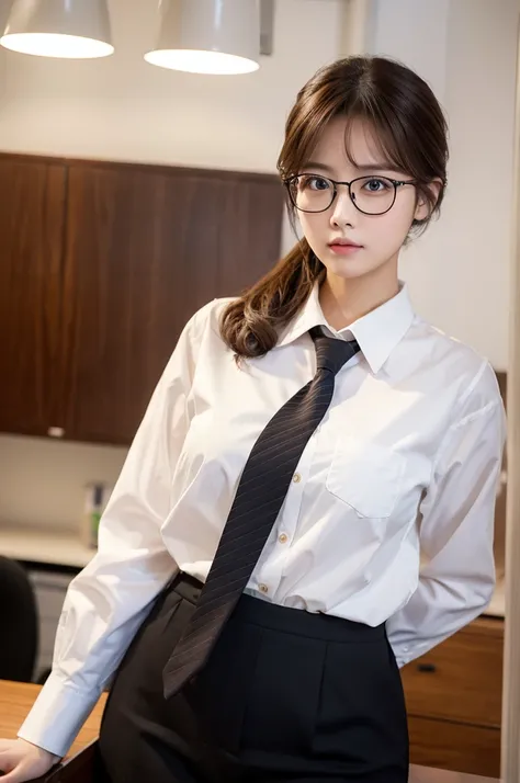 1girl, masterpiece, high_quality, office_uniform, glasses, brown_hair, white_shirt, black_necktie, cowboy_shot