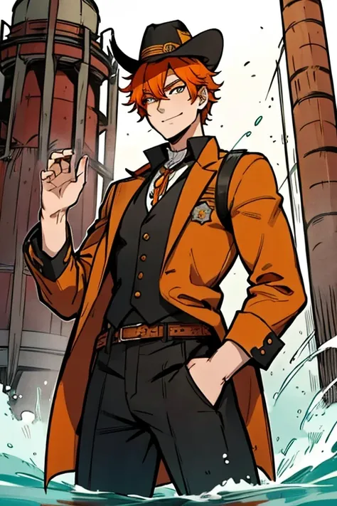 Perfect face. Perfect hands. An orange haired male cowboy with orange eyes and orange fox ears and an orange fox tail in a sheriffs outfit is smiling in front of a water tower in a wild west town