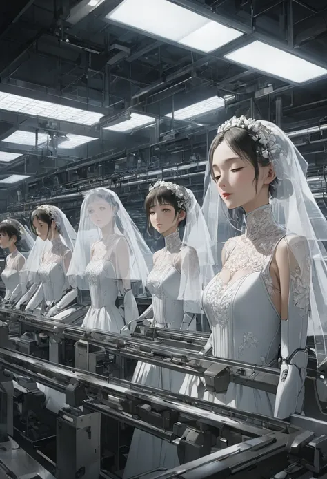 android women in wedding dresses waiting to be shipped on a factory production line,the women have colorful hair and hairstyles,...