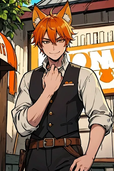 Perfect face. Perfect hands. An orange haired male cowboy with orange eyes and orange fox ears and an orange fox tail in a sheriffs outfit is smiling in front of a saloon in a wild west town