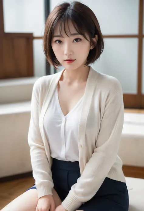 ((Tabletop,Highest quality)), (Like the picture:1.4),((Tabletop,8k)),High resolution,Studio Soft Light, Rim Light, Vivid details, Realistic skin texture,Japanese, One beautiful woman, short hair, Wavy Hair, Faint, thin bangs, compensate, 38 years, Detailed...