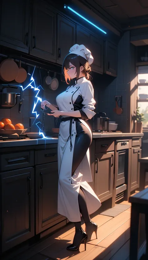 ((best quality)) , ((masterpiece)) , (detailed)，1 female，(detailed light), ((lightning in hand)),lightning surrounds,(((lightning chain)))，kitchen，Female chef，High heel，((whole body))