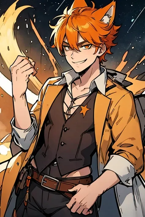 Perfect face. Perfect hands. An orange haired male cowboy with orange eyes and orange fox ears and an orange fox tail in a sheriffs outfit is watching the stars in a wild west town with a big smile