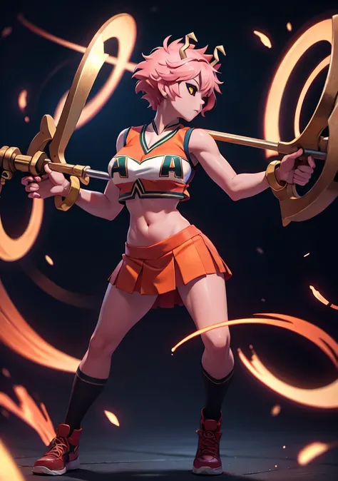 mina ashido, 1girl, solo, looking at viewer, short hair, simple background, yellow eyes, pink hair, horns, colored skin, colored sclera, black sclera, pink skin, U.A. CheerUniform, orange skirt, (bare belly), perfect shading, bare shoulders, big breasts