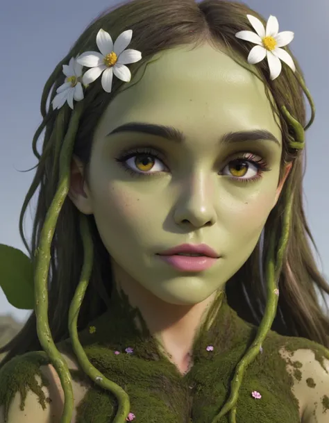 Plant based alien lifeform. covered in moss, bark, flowers. vine like limbs. Eliza Dushku
