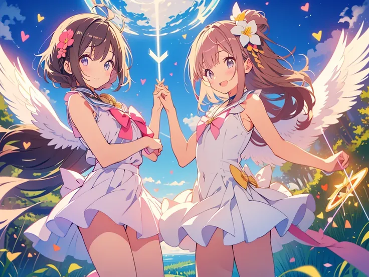 kawaii, anime, Cute, hyper quality, highly detailed, 8k, Clarity, A young girl with bright pink smooth short hair, dark brown long hair girl, Detailed facial expressions, lily flower field, They both close their eyes and smile, pure, kindness, trust, heart...