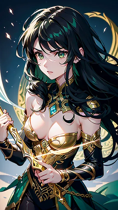 
A young warrior, 16 years old, with long, flowing black hair and striking dark green eyes. She has a strong yet graceful build, reflecting her intense training. Her face is sculpted with delicate features, a defined jawline, and slightly rounded cheekbone...