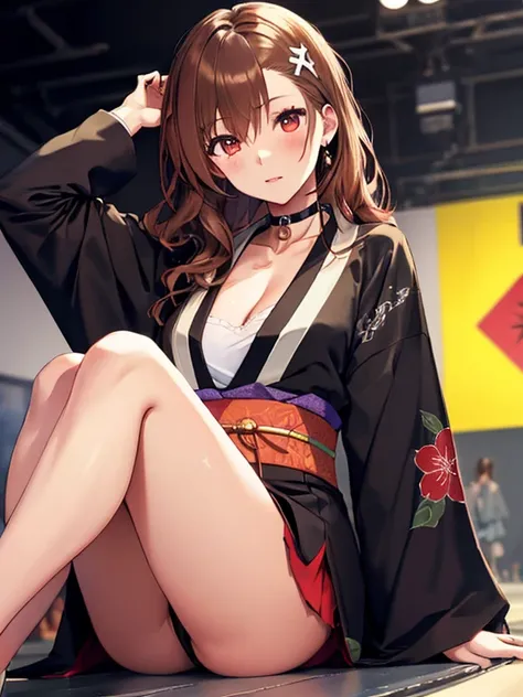 Long-sleeved kimono, Runway, Fashion Model, Misaka Mikoto, 1girl, black choker, uhd, retina, masterpiece, ccurate, anatomically correct, textured skin, super detail, high details, high quality, best quality, highres, 4K