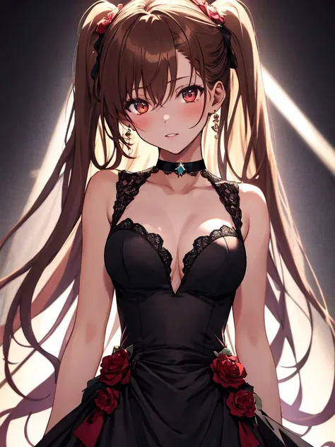 Evening Dresses, Runway, Fashion Model, Misaka Mikoto, 1girl, black choker, uhd, retina, masterpiece, ccurate, anatomically correct, textured skin, super detail, high details, high quality, best quality, highres, 4K